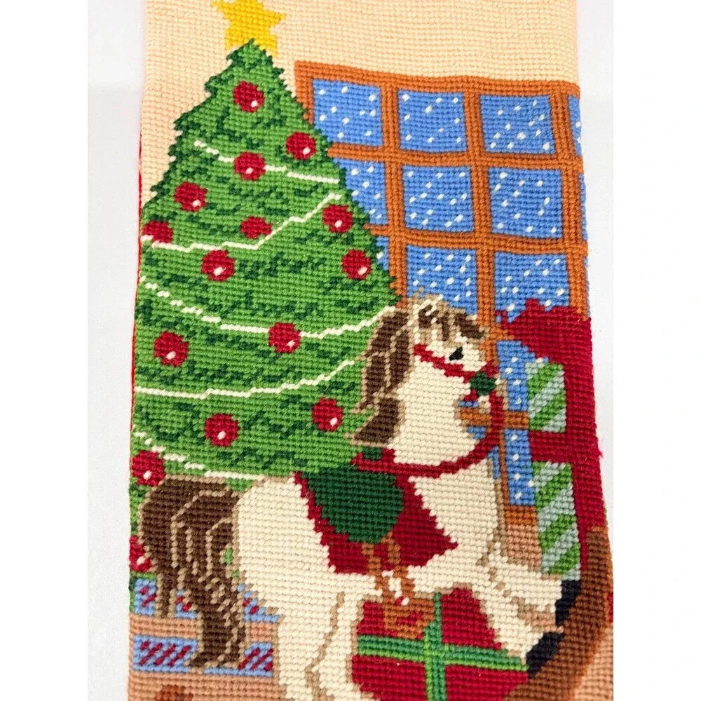 Vintage Wool Needle Point Christmas Stocking Red Velvet Rocking Horse 16”